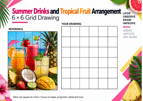 Summer Drinks and Tropical Fruit Grid Drawing Worksheet | 6x6 Still Life | KS3 KS4 Art