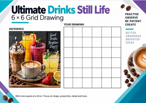 Ultimate Drinks Still Life Grid Drawing Worksheet | 6x6 Observational Drawing | KS3 KS4 Art