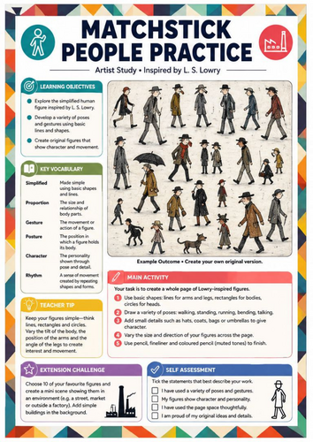 L. S. Lowry Matchstick People Drawing Worksheet | KS3 Art Artist Study & Figure Drawing Activity