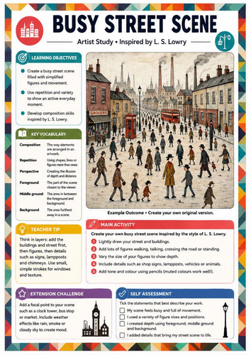 L. S. Lowry Busy Street Scene Drawing Worksheet | KS3 Art Composition & Crowd Drawing Activity