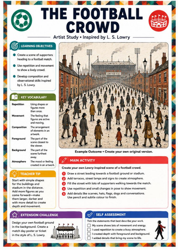L. S. Lowry Football Crowd Drawing Worksheet | KS3 Art Matchstick Figures, Movement & Composition