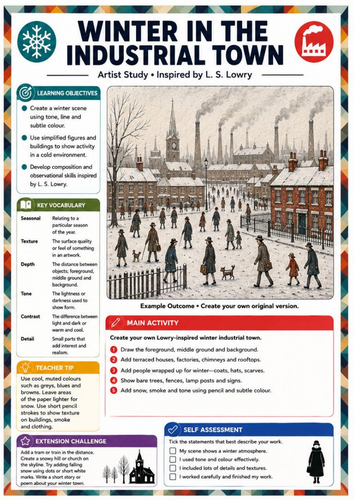 L. S. Lowry Winter Industrial Town Art Worksheet | KS3 Snowy Landscape, Tone & Composition Drawing