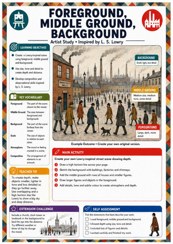 L. S. Lowry Foreground Middle Ground Background Worksheet | KS3 Art Depth, Perspective & Composition