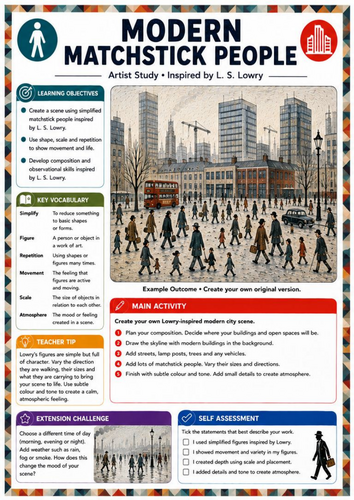L. S. Lowry Modern Matchstick People Worksheet | KS3 Art Figure Drawing, Movement & Contemporary Cit