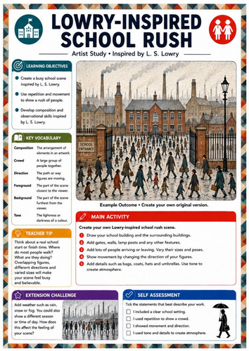 L. S. Lowry School Rush Drawing Worksheet | KS3 Art Crowd Composition, Movement & School Scene