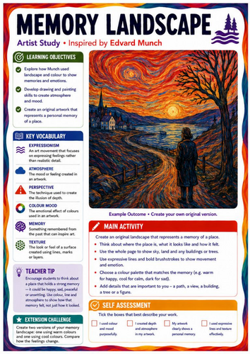 Edvard Munch Memory Landscape Art Worksheet | KS3 Expressive Landscape & Colour
