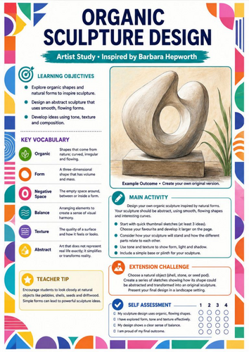 Barbara Hepworth Organic Sculpture Design Worksheet | KS3 Art | Abstract Form & Nature