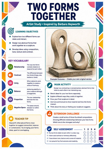 Barbara Hepworth Two Forms Together Worksheet | KS3 Art | Abstract Sculpture & Composition
