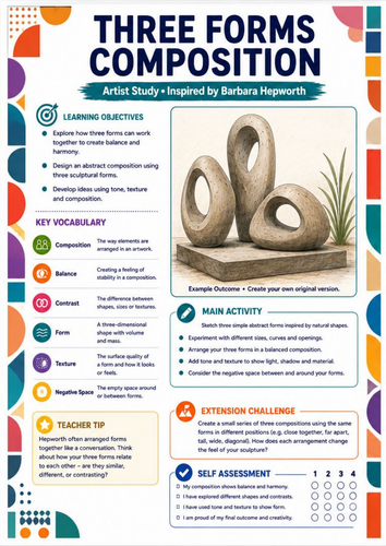 Barbara Hepworth Three Forms Composition Worksheet | KS3 Art | Balance & Abstract Sculpture