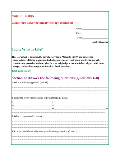 Cambridge Lower secondary biology worksheet with answers - What is life - stage 7