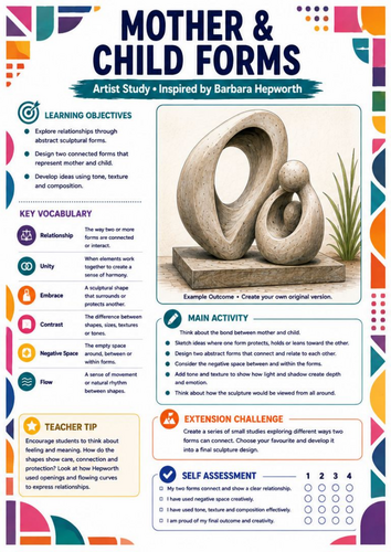 Barbara Hepworth Mother and Child Forms Worksheet | KS3 Art | Abstract Sculpture & Relationships