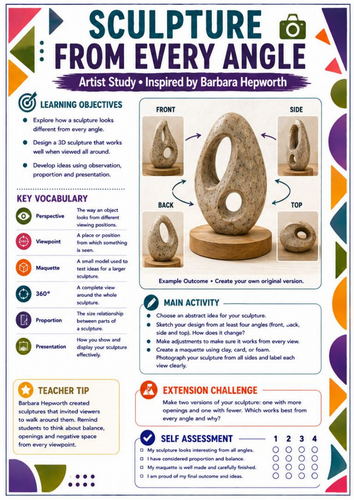 Barbara Hepworth Sculpture from Every Angle Worksheet | KS3 Art | 3D Form & Perspective