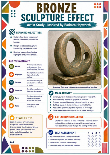 Barbara Hepworth Bronze Sculpture Effect Worksheet | KS3 Art | Metallic Texture & Tonal Shading