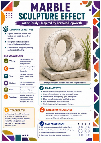 Barbara Hepworth Marble Sculpture Effect Worksheet | KS3 Art | Tonal Shading, Texture & Form