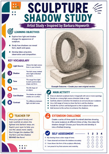 Barbara Hepworth Sculpture Shadow Study Worksheet | KS3 Art | Light, Shadow & Tonal Drawing