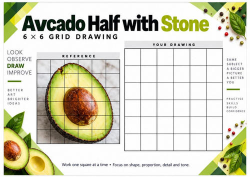 Avocado Grid Drawing Worksheet | Healthy Food Observational Drawing | KS3 KS4 Art | 6x6 Grid