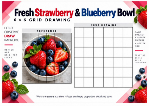 Strawberry and Blueberry Grid Drawing Worksheet | Fruit Observational Drawing | KS3 KS4 Art
