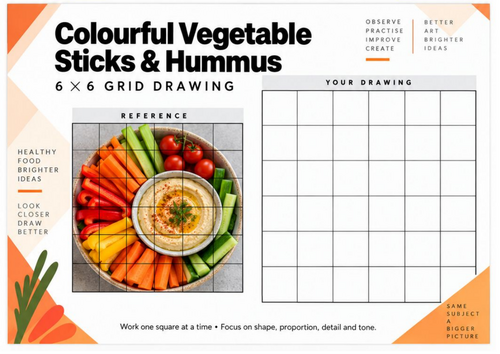 Vegetables and Hummus Grid Drawing Worksheet | Healthy Food Still Life | KS3 KS4 Art