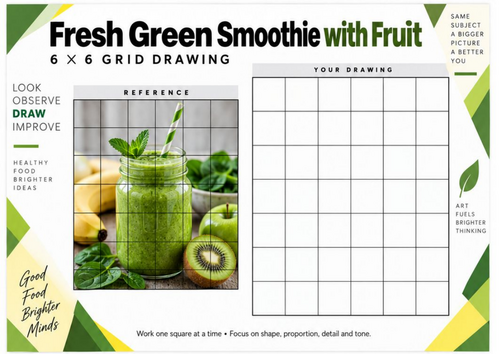 Green Smoothie Grid Drawing Worksheet | Healthy Drinks Observational Drawing | KS3 KS4 Art