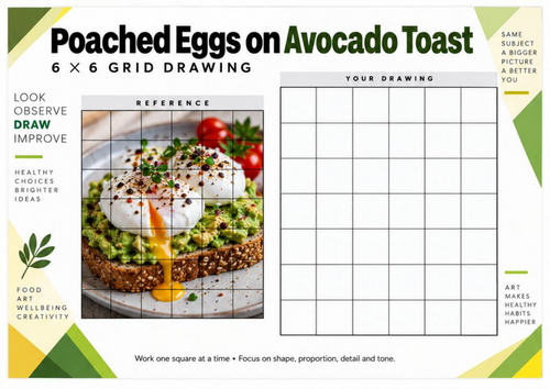 Avocado Toast and Poached Eggs Grid Drawing Worksheet | Food Still Life | KS3 KS4 Art