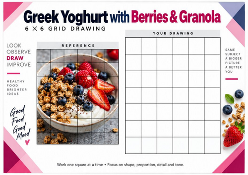 Greek Yoghurt Berries and Granola Grid Drawing Worksheet | Healthy Breakfast | KS3 KS4 Art