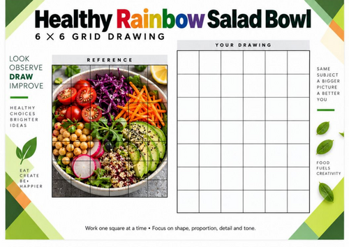 Rainbow Salad Bowl Grid Drawing Worksheet | Colourful Healthy Food Still Life | KS3 KS4 Art