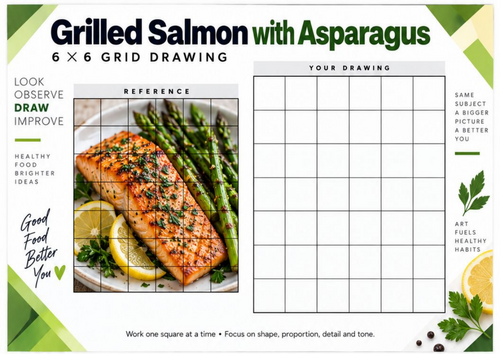 Grilled Salmon and Asparagus Grid Drawing Worksheet | Food Observational Drawing | KS3 KS4 Art