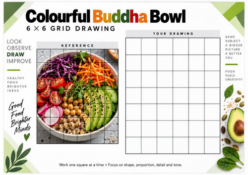 Buddha Bowl Grid Drawing Worksheet | Healthy Food Observational Drawing | KS3 KS4 Art