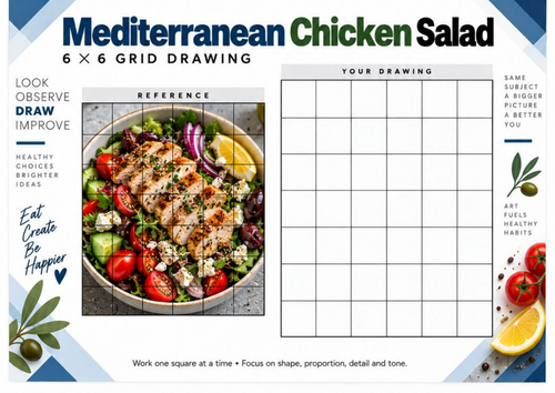 Mediterranean Chicken Salad Grid Drawing Worksheet | Healthy Food Still Life | KS3 KS4 Art