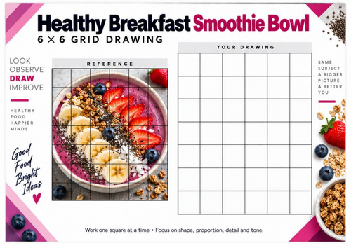 Smoothie Bowl Grid Drawing Worksheet | Healthy Breakfast Fruit Still Life | KS3 KS4 Art