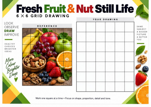 Fruit and Nuts Grid Drawing Worksheet | Healthy Food Still Life Observational Drawing | KS3 KS4 Art