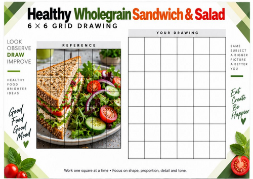 Healthy Sandwich and Salad Grid Drawing Worksheet | Food Observational Drawing | KS3 KS4 Art