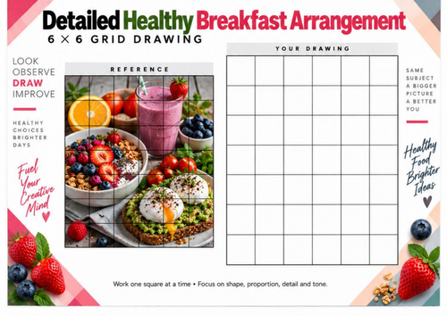 Healthy Breakfast Grid Drawing Worksheet | Detailed Food Still Life Drawing | KS3 KS4 Art