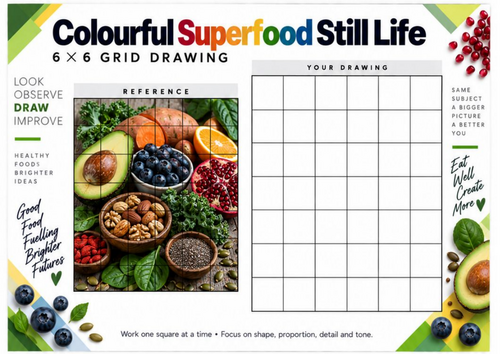 Superfood Still Life Grid Drawing Worksheet | Healthy Food Observational Drawing | KS3 KS4 Art