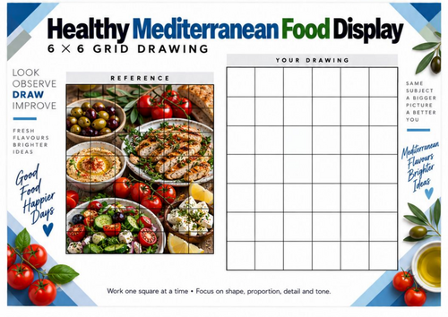 Mediterranean Food Grid Drawing Worksheet | Detailed Healthy Food Still Life | KS3 KS4 Art