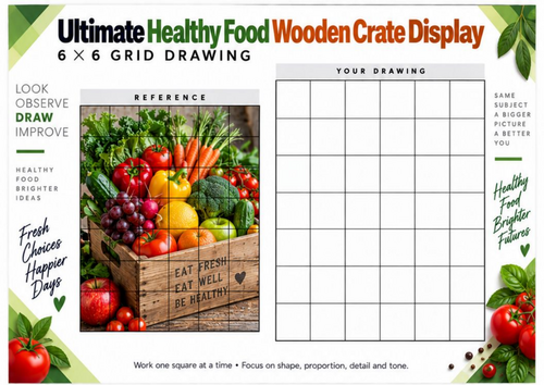Healthy Fruit and Vegetable Crate Grid Drawing Worksheet | Food Still Life | KS3 KS4 Art