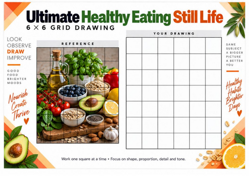 Healthy Eating Still Life Grid Drawing Worksheet | Detailed Food Observational Drawing | KS3 KS4 Art