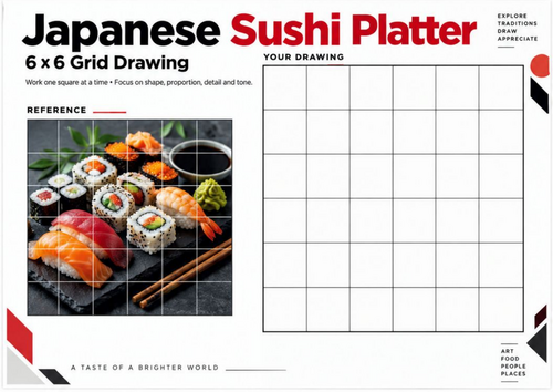 Japanese Sushi Grid Drawing Worksheet | World Cuisine Food Art Activity | KS3 KS4