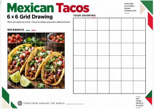 Mexican Tacos Grid Drawing Worksheet | Food Observational Drawing | KS3 KS4 Art