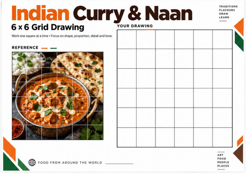 Indian Curry and Naan Grid Drawing Worksheet | World Food Art Activity | KS3 KS4