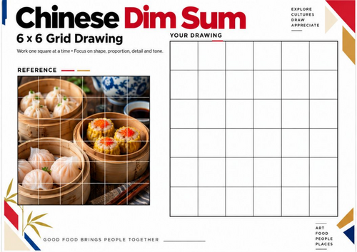 Chinese Dim Sum Grid Drawing Worksheet | Food Photography Drawing | KS3 KS4 Art