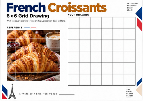 French Croissants Grid Drawing Worksheet | Food Still Life Drawing | KS3 KS4 Art