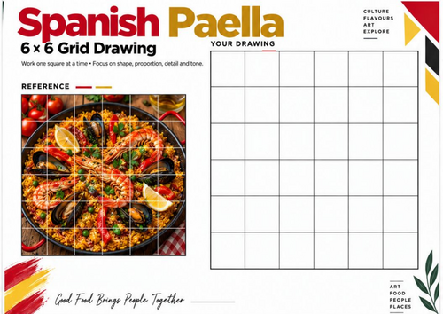 Spanish Paella Grid Drawing Worksheet | Food Photography Art Activity | KS3 KS4