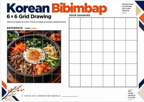 Korean Bibimbap Grid Drawing Worksheet | Food Still Life Art Activity | KS3 KS4