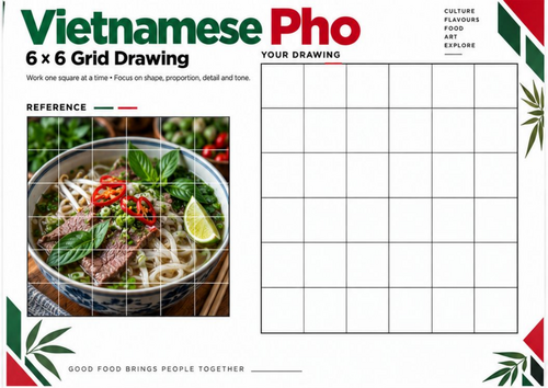 Vietnamese Pho Grid Drawing Worksheet | World Food Photography Art | KS3 KS4