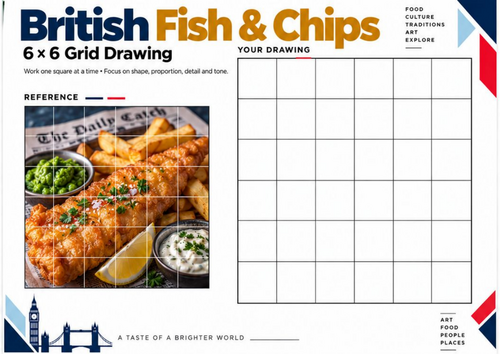 British Fish and Chips Grid Drawing Worksheet | Food Still Life Art | KS3 KS4