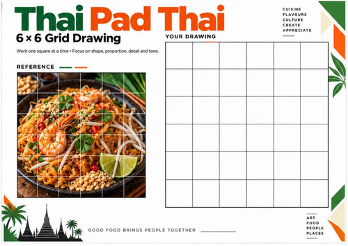 Thai Pad Thai Grid Drawing Worksheet | World Cuisine Food Art Activity | KS3 KS4