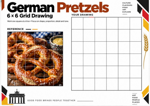 German Pretzels Grid Drawing Worksheet | Food Texture Observational Art | KS3 KS4