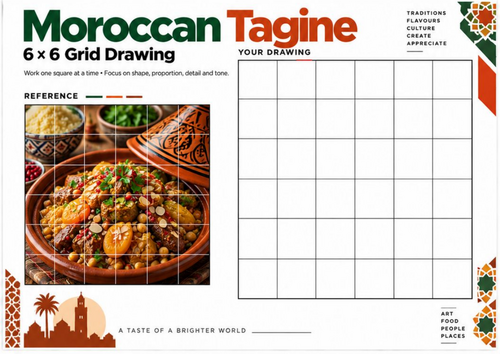 Moroccan Tagine Grid Drawing Worksheet | World Cuisine Still Life Art | KS3 KS4