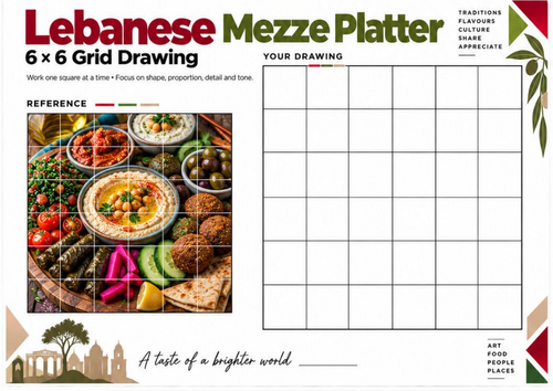 Lebanese Mezze Platter Grid Drawing Worksheet | Food Still Life Art | KS3 KS4
